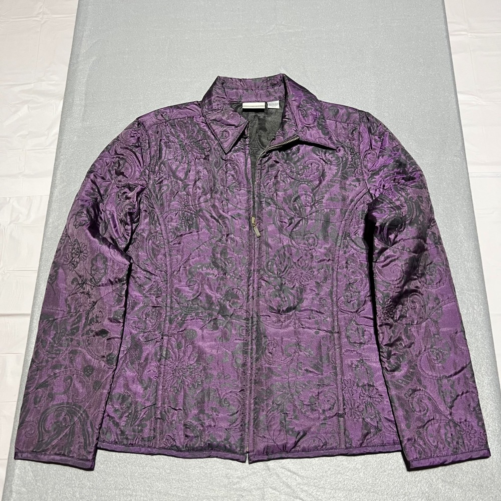 Chicos Purple Black Damask Quilted Zip Up Jacket Floral Scroll Size 0 XS S
